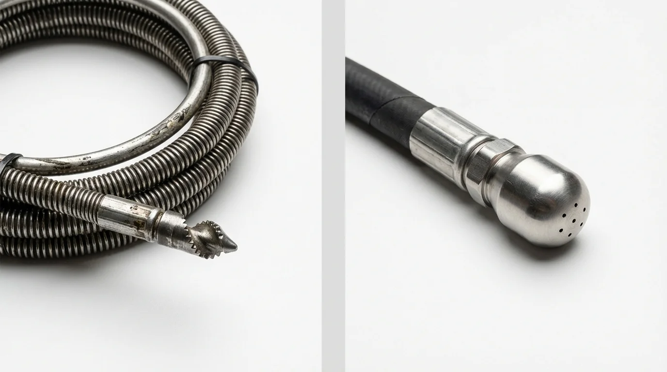 Drain snake cable and hydro jetting nozzle used for drain cleaning in Miami, OK