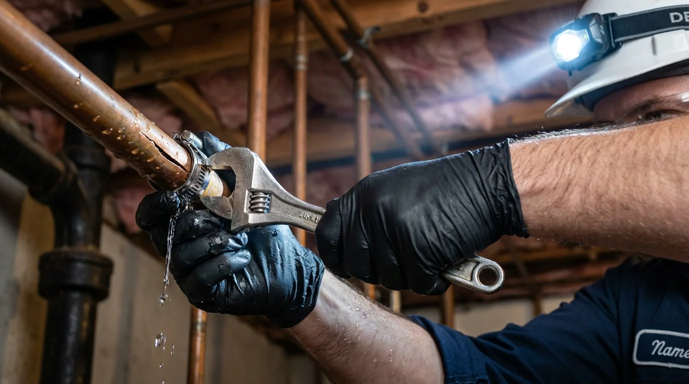Emergency pipe clamp repair being performed by a Johns Plumbing LLC plumber in Miami