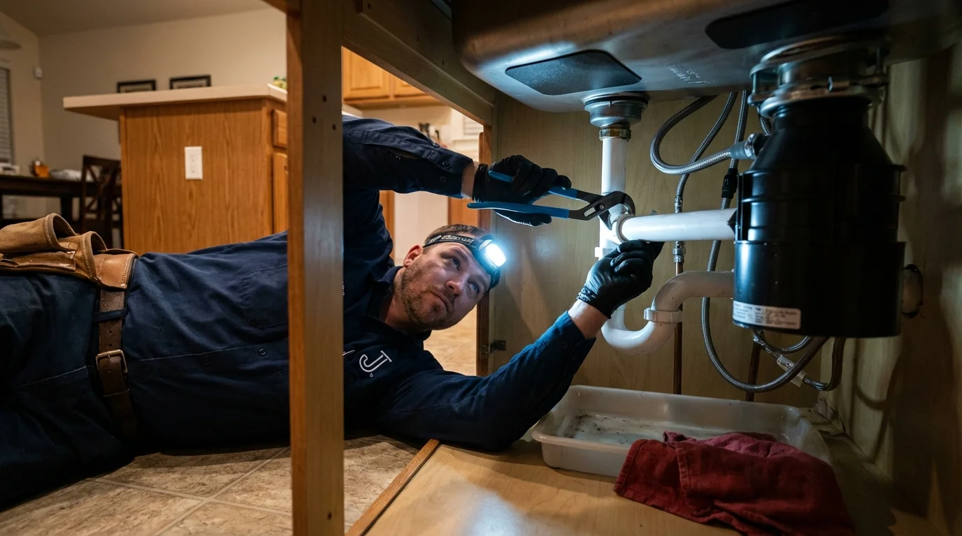 P-trap and supply line connections under a kitchen sink showing a common leak point in Miami, OK